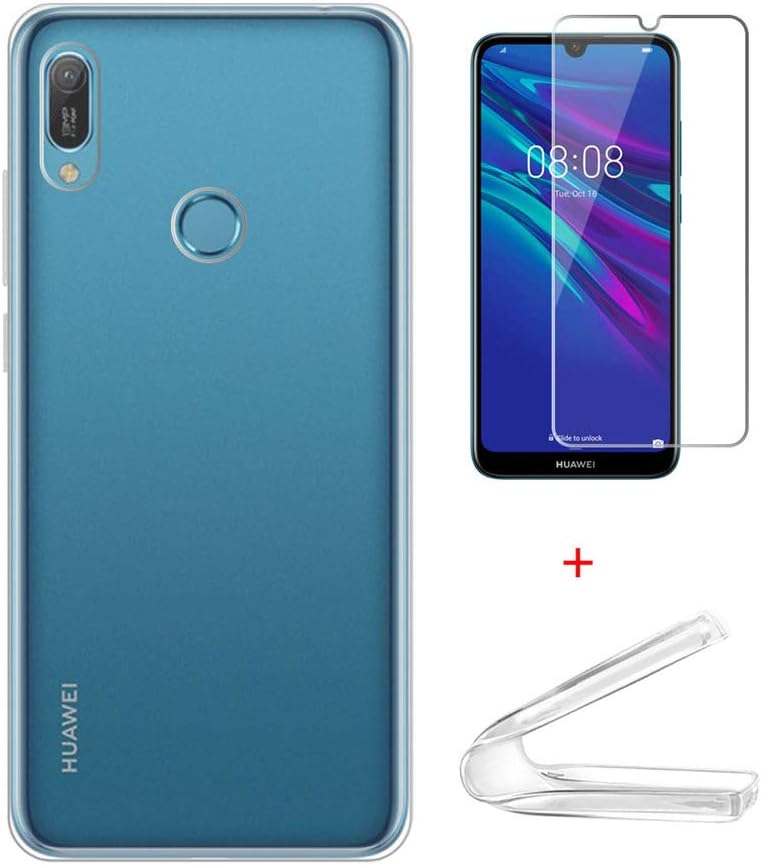 IJIA Case Huawei Y6 2019 Transparent Cover + 2X Tempered Film - Clear TPU Soft Silicone Phone Back Shell and Screen Protection for Huawei Y6 2019 (6.09") -Clear