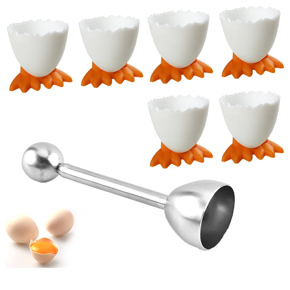 Saijer Egg Cups Set With Stainless Steel Opener - Novelty Holder, Funny Stand, Topper and Breakfast Set for Kids (7 PCS)