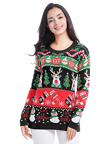 v28 Christmas Sweater Cardigan Ugly Women Girls Red Vintage Knit Xmas Sweater (Medium, Deer Snowman Black)