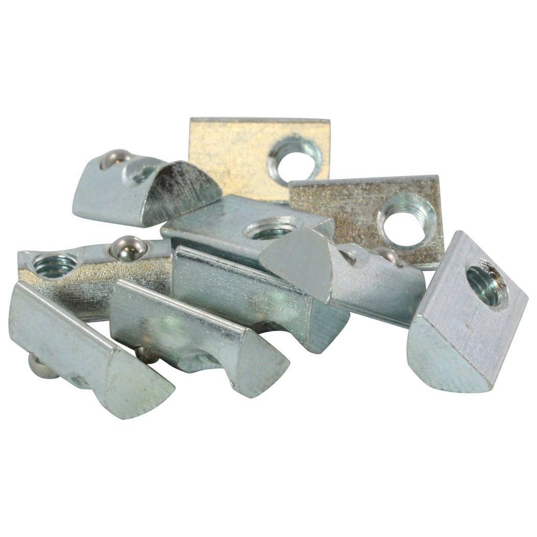 Set of 100 T-slot nuts M4 type I, 5 mm in width with base and spring ball, made from galvanised steel.