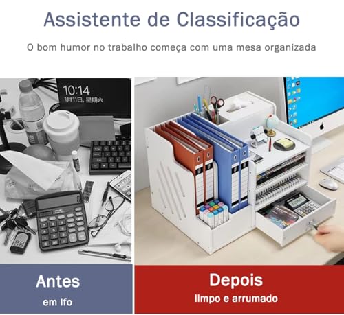 Organizador de Mesa com Gavetas,Organizador de Escritorio Oficina para Papéis, Material de Escritório e Papelaria, Bandeja de Mesa Branca para Artigos de Papelaria
