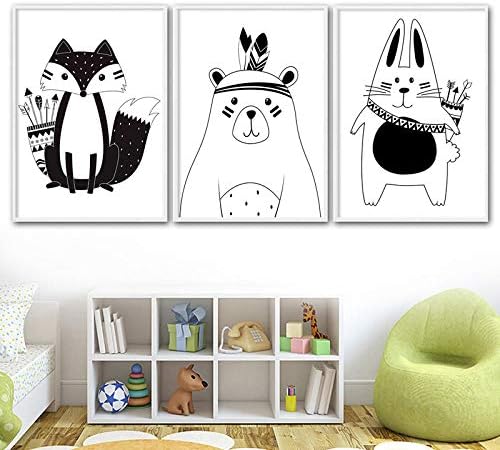 白黒漫画クマうさぎ赤ちゃん幼稚園壁アートキャンバスポスター画像子供部屋の装飾40x60cmx3