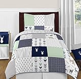 Navy Blue, Mint and Grey Woodsy Deer Boys 4 Piece Kids Childrens Twin Bedding Set