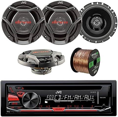 JVC KD-R370 CD/MP3 AM/FM Radio Player Car Receiver Bundle Combo With 4x (2 Pairs) DR1720 300-Watt 6.75" Vehicle Coaxial Speakers + Enrock 50Ft 16-Gauge Wire
