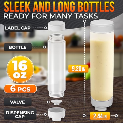 Set of 6 Inverted Condiment Squeeze Bottles 16 oz – Upgraded Design with Added Sealing Gaskets, Self-Closing Valve, Easy-to-Fill Clear Bottles for Sauces, Dressings, Ketchup, Mustard for Everyday Use