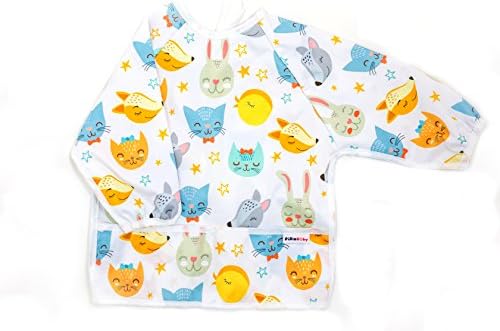 Pikababy Long Sleeved Bib Waterproof Bibs with Pocket - 6 to 24 Months Baby Girl and boy Colors (Fox Cat Rabbit)