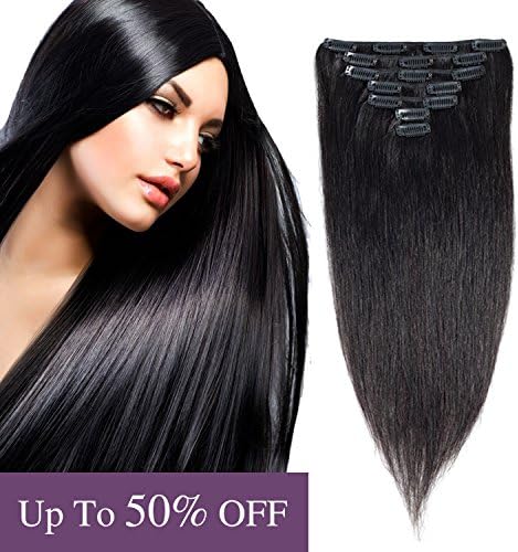 Uya hair Remy Human Hair Clip in Hair Extensions Double Weft 14" 8A Grade Brazilian Straight Hair 7Pieces/Lot 100g 16Clips(14"-100g,Natural Black #1B)