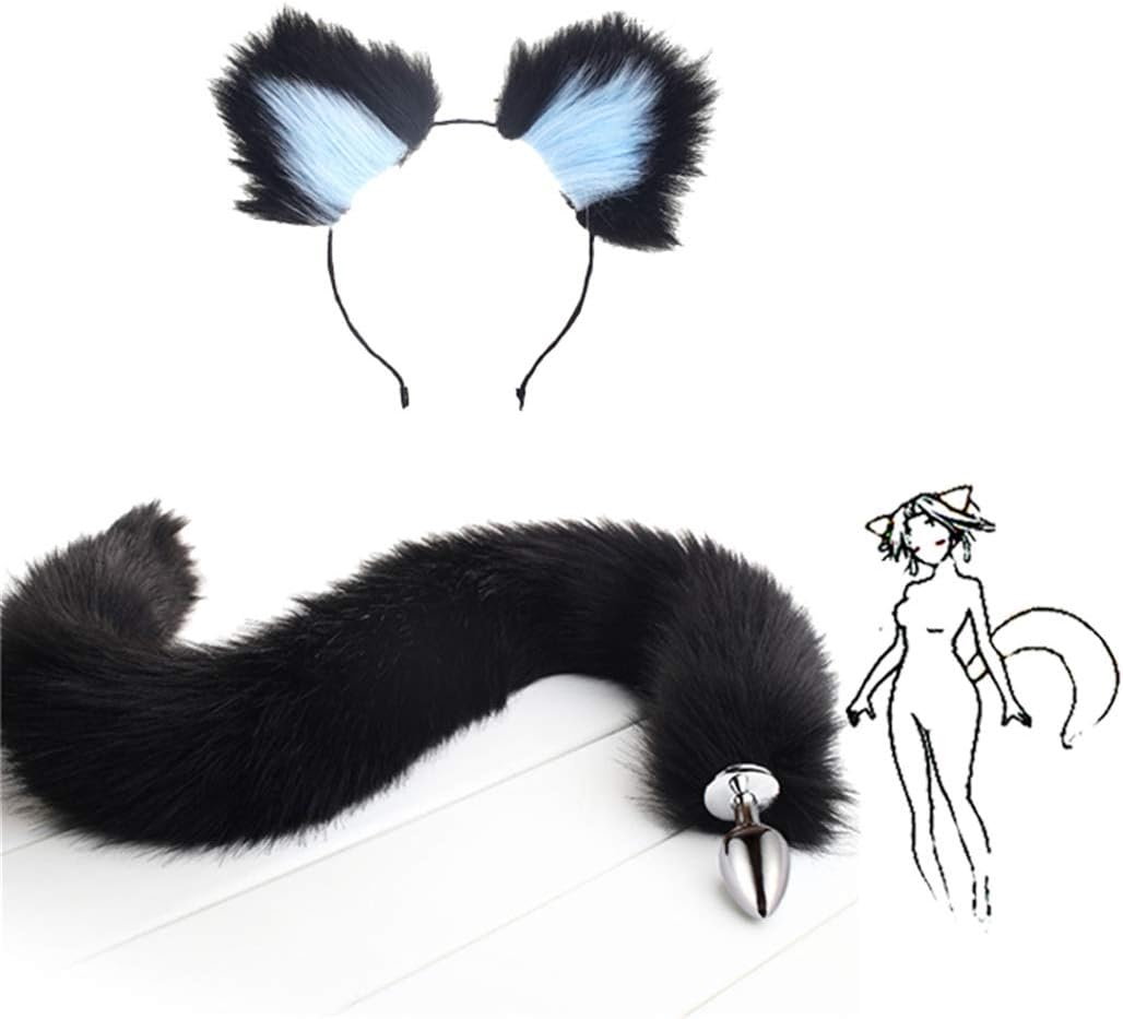 2 Pcs Fluffy Long Black Faux Fox Tail B-ü~t`t Pl-ù`g T-ö-ys & Multicolor Plush Cat Ears Headband Body Massage Cosplay Costume Props (S, Black & Blue)