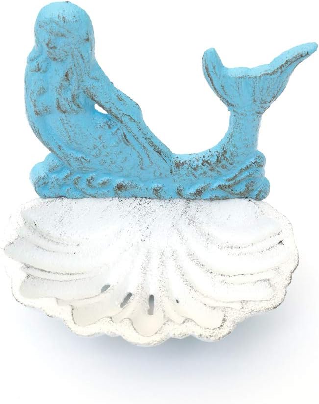 Amazon Com Finchberry Mermaid Iron Soap Dish Holder Vintage Bathroom Decor Beach Themed Accessory Bar Soap Tray For Bath Or Kitchen White And Blue Home Kitchen