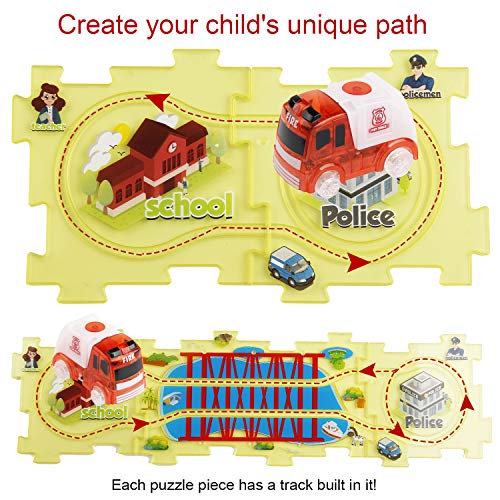 Mini Tudou DIY Puzzle Tracks Car Set Fire Engine Themed Vehicle Interchangeable Tracks 18 Pcs Sets Toys for Over 3 Year Old Boys Girls - Thumbnail 5