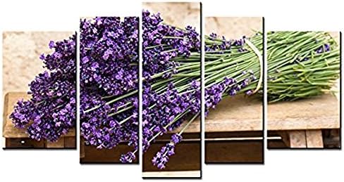MOKEN LAN Flower Series Home Decor Artwork A Bunch Of Dry Purple Lavender On The Wooden Desk Wall Art 5 Piece Paintngs Print on Canvas Framed Modern Painting For Room