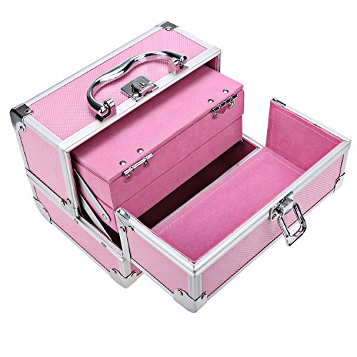 Professional Makeup Train Case - Cosmetic Box with Adjustable Dividers - Aluminum Make Up Artist Organizer Kit With Mirror Jewelry Box - 3 Extendable Trays and 2 Locks (PINK_PINK) - Thumbnail 2