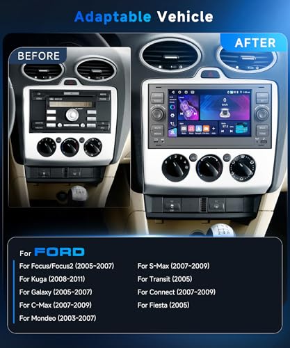 VECHTEL 4G+64G Car Radio Android 15 for Ford Focus Fiesta C/S-Max Transit Galaxy Mondeo Connect, 7'' Touch Screen with CarPlay Android Auto Wireless GPS Wi-FI USB Type-C Bluetooth FM RDS Camera