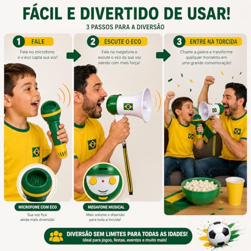 Kit Torcida Copa do Mundo com Mini Megafone + 2 Microfones | Som de Torcida Brasileira + Função Amplificador de Voz | Brinquedo para Festa, Jogos, Copa e Comemorações