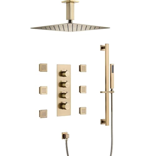 Brushed Gold Ceiling Mount 16 Inch Rainfall Shower Head 3 Way ...