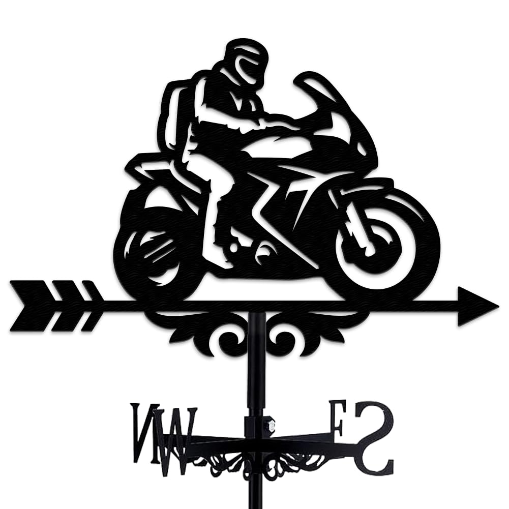 INFUNLY Motorcycle Weather Vane - Black Metal Wind Direction Indicator - 13.78"x10.63" - Weather Resistant