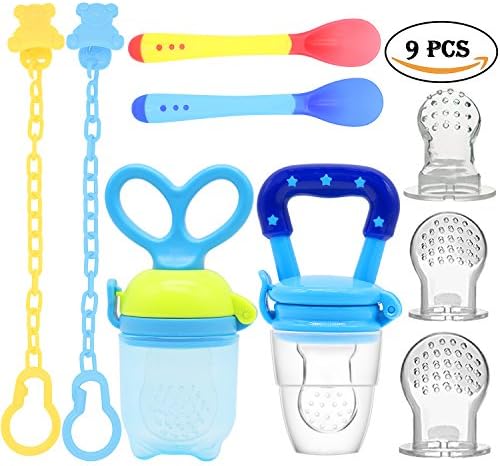 UniBetter Baby Food Feeder Pacifier 2 PCs Pacifier Clips 2 PCs Baby Feeding Spoons 3 PCs Replacement Silicone Pouches Baby Fruit Teething Toys for Toddlers Infant Baby Shower Gift (Blue Set)
