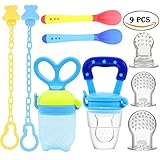 UniBetter Baby Food Feeder Pacifier 2 PCs Pacifier Clips 2 PCs Baby Feeding Spoons 3 PCs Replacement Silicone Pouches Baby Fruit Teething Toys for Toddlers Infant Baby Shower Gift (Blue Set)