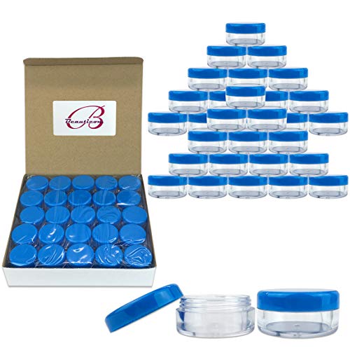 (Quantity: 150 Pieces) Beauticom 5G/5ML Round Clear Jars with BLUE Lids for Scrubs, Oils, Toner, Salves, Creams, Lotions, Makeup Samples, Lip Balms - BPA Free