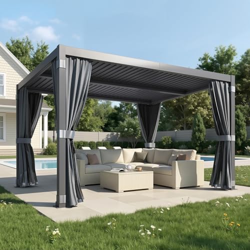 MELLCOM Louvered Pergola 10'x12', Aluminum Pergola with Adjustable Louvered Roofs, Outdoor Gazebo with Waterproof Curtains and Nets (10'x12' Black)