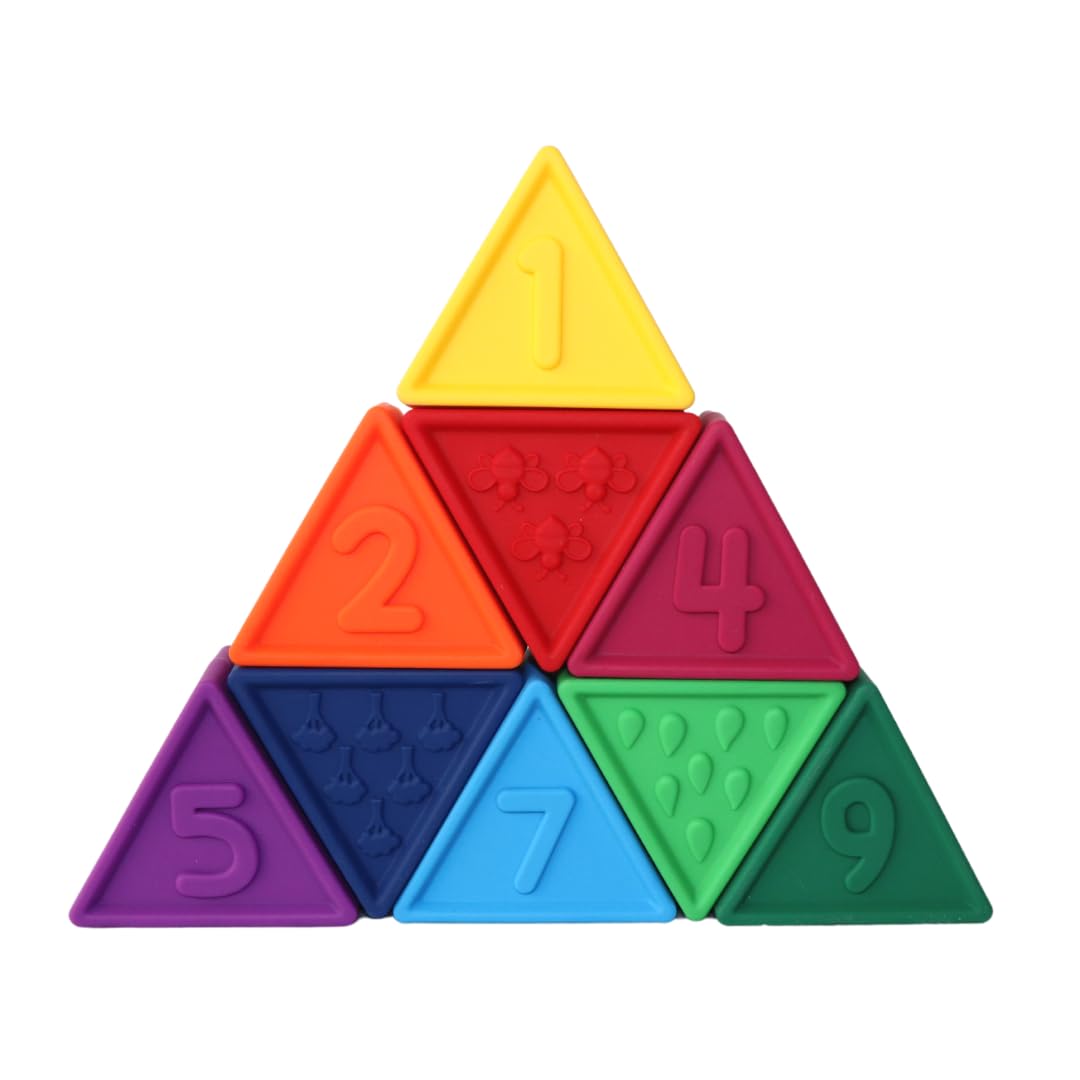 Jellystone Designs Triblox Rainbow Teether. 9 Brightly Coloured Silicone Teething Stacker Toy with Numbers and Illustrations - Counting, Building and Stacking Toy. Suitable for Boys & Girls 9 Months