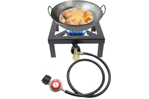 Outdoor Gas Stove 100,000 BTU with 4.1ft 0-20Psi Adjustable Propane Hose with Regulator, Heavy-Duty Camping Cooker with Detac