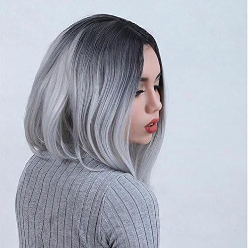 Short Bob Wig Synthetic Straight Hair Grey Ombre Wigs for Women 2 Tone Wig Middle Part Heat Resistant Hair