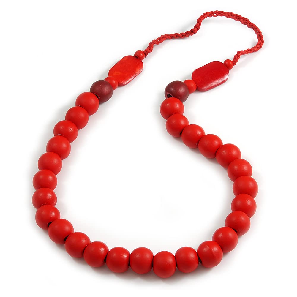 Avalaya Long Red Painted Wooden Bead Cord Long Necklace - 80cm L