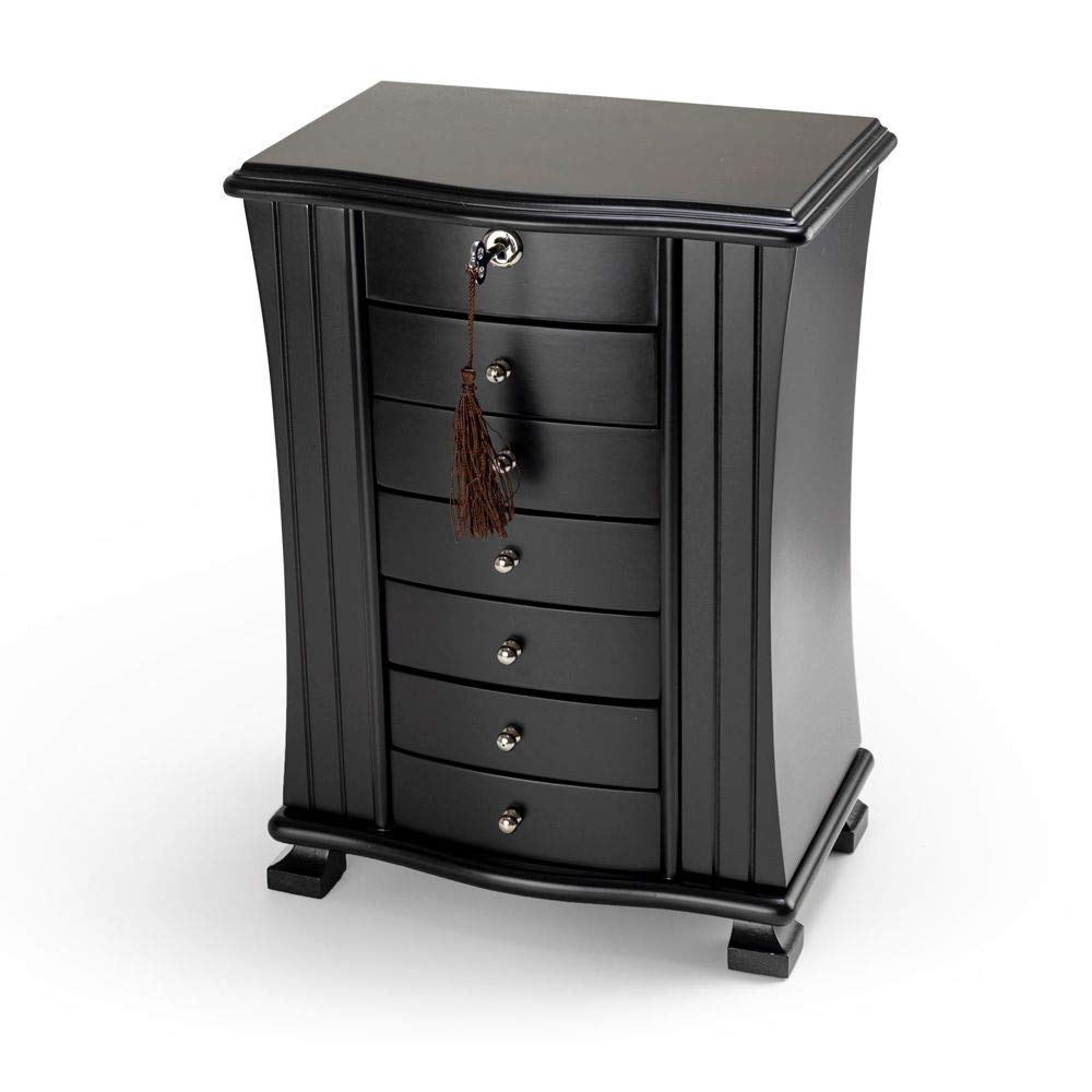 Stunning 30 Note Matte Black Grand Musical Jewelry Box with Lock and Key - Silent Night