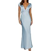 Halfisland Womens Summer Satin V Neck Cap Sleeve Backless Maxi Dress Elegant Twist Cut Out Midi Dresses Wedding Guest