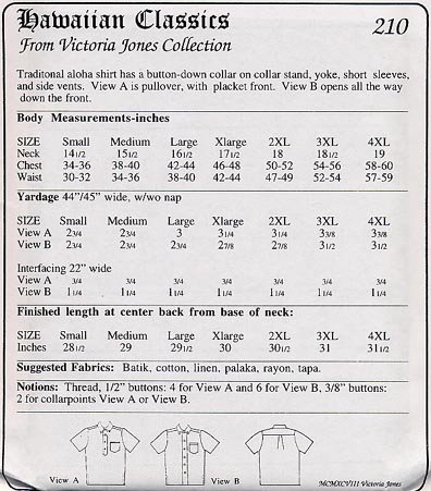 Mens Hawaiian Pullover or Button Front Placket Aloha Shirt Sewing Pattern #210