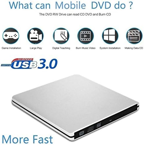 Geelyda External DVD Drive USB 3.0 Super Slim DVD Rewriter External DVD Writer Burner CD DVD RW DVD ROM Drive for Apple Macbook, Macbook Pro or other Laptop/Desktops, Aluminium Alloy Silver