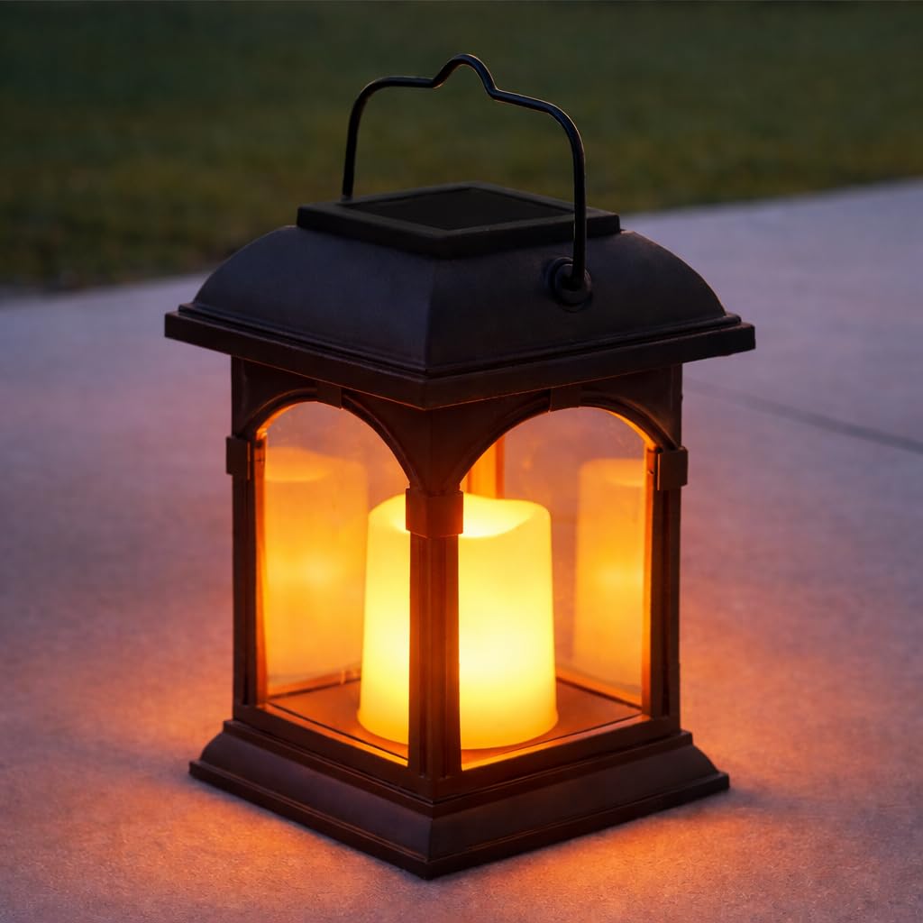 Festive Lights - 15cm Realistic Solar Power Candle Lantern – Black, Flickering Amber LED – Outdoor Hanging or Table Light – Waterproof Garden, Patio & Decking Decoration – IP44 Rated, Energy-Efficient