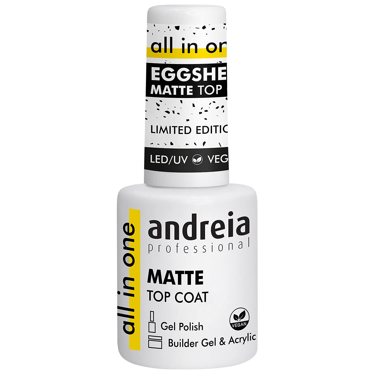 Andreia Professional Eggshell Matte Top Coat Gel Polish with Black Pieces - Soak Off Chip Resistant Matte Finish Gel Nail Polish for Base and Top Coat - 10.5 ml