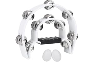 JAVIK Tambourine Musical Instrument for Adults Church - 10 Inch Half Moon Tambourines with Egg Shakers Double Row Metal Jingles Handheld Percussion Instruments for Dance Party Events KTV (White)