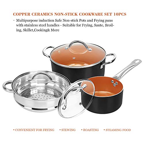SHINEURI Nonstick Ceramic Copper 10 Pieces Cookware Set, Aluminum Pots and Frying Pans Set, Steamer and Sauce pan with Stainless Steel Handle & Lid, Suitable for Induction, Gas, Electric and Stovetops