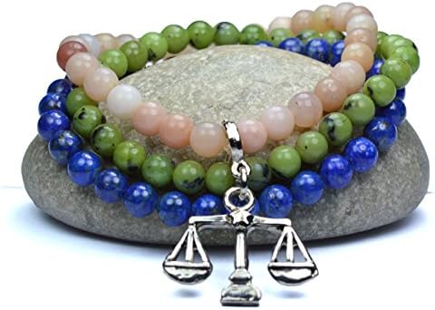 Libra Zodiac Sign September October Birthstone Bracelet Astrology Healing Crystals Lapis Lazuli Pink Opal Jade Natural Gemstones Scales Symbol Charm 12 Constellations