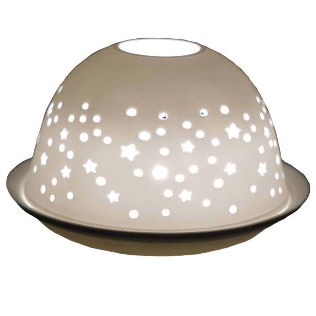 Cello Porcelain Tealight Holder Dome, Starry Design, A Stunning Candle Holder Projecting a 3D image. Stunning East Of India Tea Light Holder. Cello Star Candle & Ceramic Candle Holder.