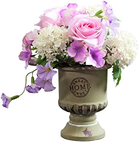 Fudostar Artificial Flowers in Grail-Shaped Ceramic Vase, Handmade Flower Arrangement and Retro-Style Vase, Vivid and Elegant (Purple &amp; Green)