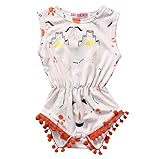 Newborn Baby Girls Ethnic Style Pom Onesie Sleeveless Button Romper (3-6months, White)