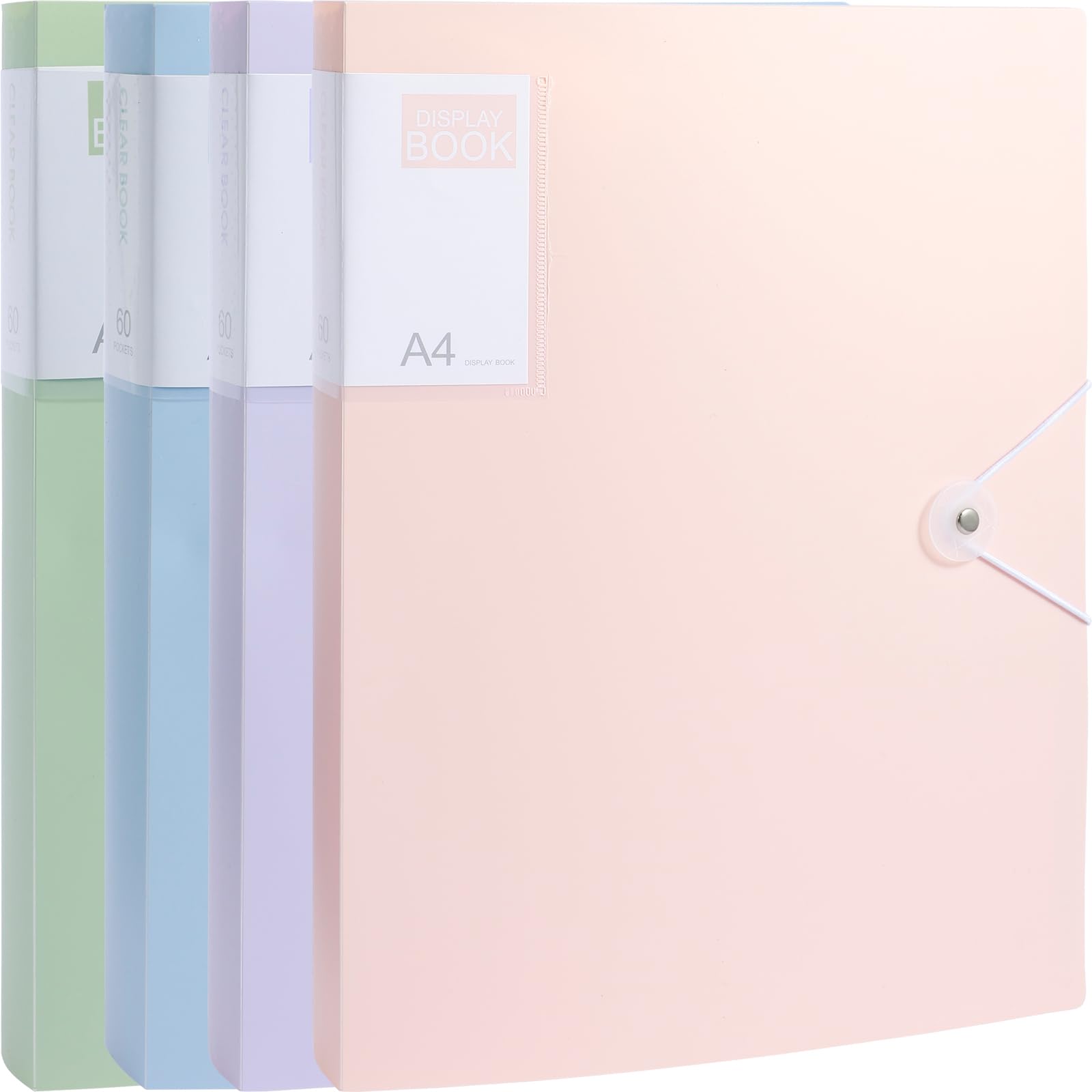 4Pcs A4 Display Folders, 60 Double Sided Pockets A4 Display Book Folder with Plastic Sleeves and Safety Rope, Plastic Presentation Folders Document Project Folder for School Office