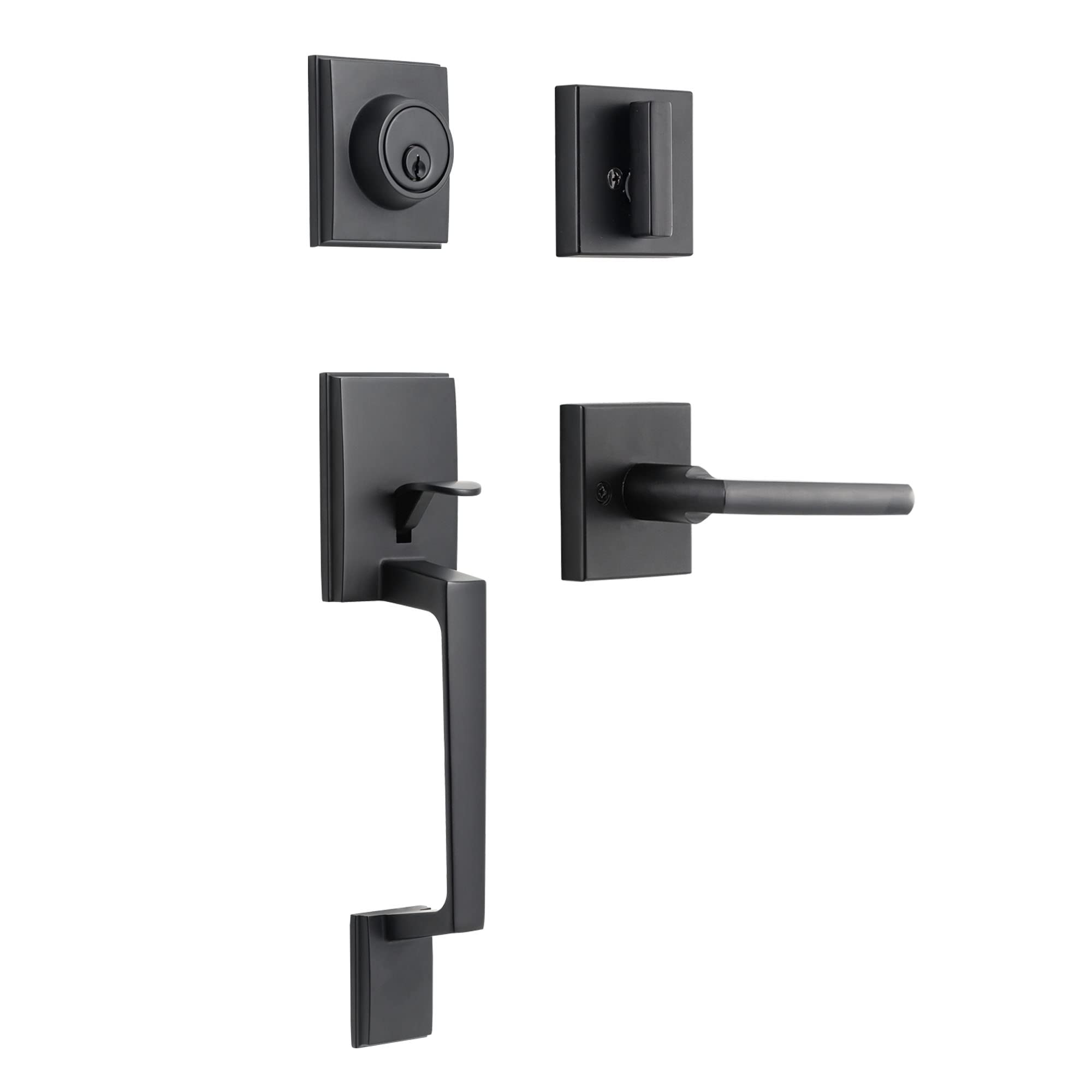 NeuType Front Door Lock Set Black Front Door Handle Sets with Deadbolt Entry Door Locksets Single Cylinder HandleSet with Straight Handle Lower Half Grip Matte Black Interior Door Handle