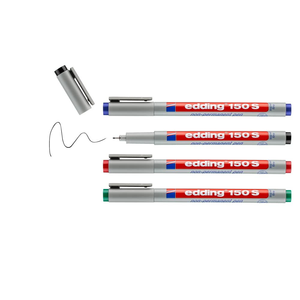 edding 150 S non-permanent pen - set of 4 - black, red, blue, green - round nib 0.3 mm - pen for writing on glass, plastic, foils and smooth surfaces - quick-drying, can be corrected with water