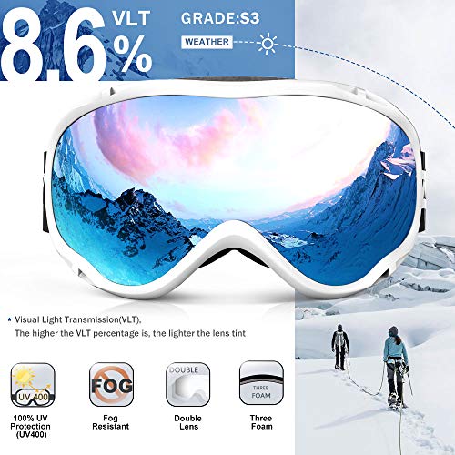 ZIONOR Lagopus Ski Snowboard Goggles UV Protection Anti Fog Snow Goggles for Men Women Youth VLT 8.6% White Frame Silver Lens ZIONOR Lagopus Ski Snowboard Goggles UV Protection Anti Fog Snow Goggles for Men Women Youth VLT 8.6% White Frame Silver Lens