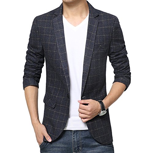 DeLamode Men’s Plaid Checkered Gentleman Collar Marry Joyous Suit Blazer Grey XXS