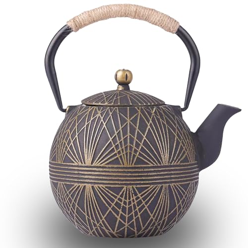 Enameled Cast Iron Teapot 34oz（1000ml） - Japanese Style Kettle with Removable Stainless Infuser & Ergonomic Handle, Stovetop Safe for Loose Leaf Tea Green and silver (Black Gold)