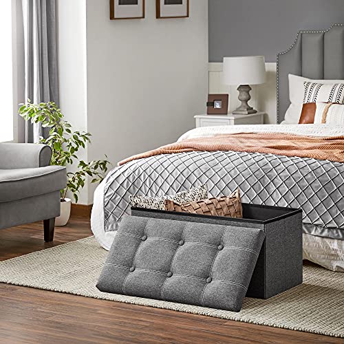 SONGMICS Mazie Collection - 30 Inches Ottoman Storage Bench, 21 Gal. Folding Chest with Breathable Linen-Look Fabric, Load up to 660 lb, for Entryway, Living Room, Bedroom, Dark Gray ULSF001G01