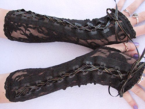 Black fingerless lace gloves corset arm warmers laces up Halloween Cosplay