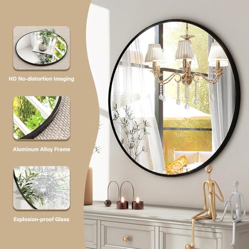 ORCHID M®Black Round Mirror for Wall 60CM,Modern Metal Frame Circle Bathroom Mirror for Wall，Tempered Glass-Shatterproof for Wall Mirror for Entryway, Bathroom, Vanity, Living Room (Black 24 inch)