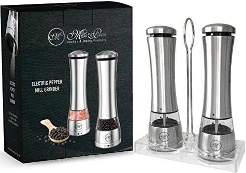 Mess Pros Electric Salt and Pepper Grinder Set with LED Light - Upgraded Salt and Pepper Grinders - Refillable Sleek Design - Powerful, but Quieter Motor - One-Handed Use Pepper Mill & Salt Grinder
